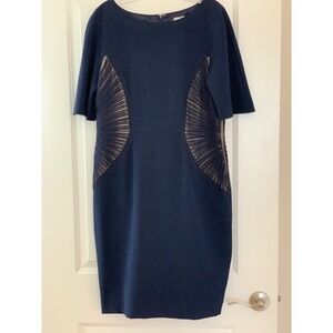 Katherine Kelly Navy Crepe Sheath Dress 12 Mesh sides soutache embellishmen E007